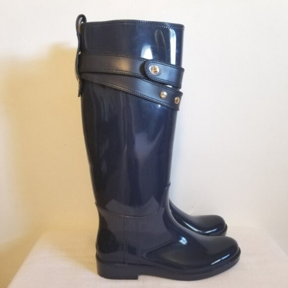 Coach Blue Rain Boots Tall Glossy Turn Lock - Picture 1 of 11